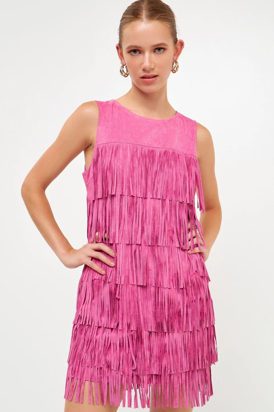 Tiered Suede Fringe Mini Dress Cozy T-Shirt Mini Dress