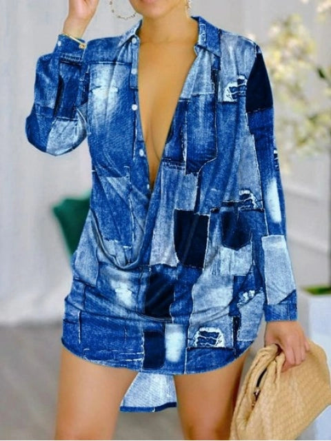 Sexy Blue Patchwork Denim Look Bodycon Mini Dress Trendy Tie-Dye Mini Dress