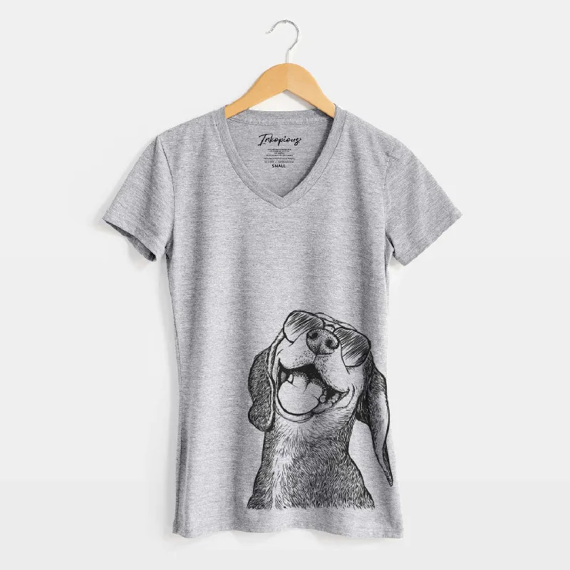Aviator Belle the Hound Mix - Women's V-neck Shirt-- Zippered Buttoned Snapped