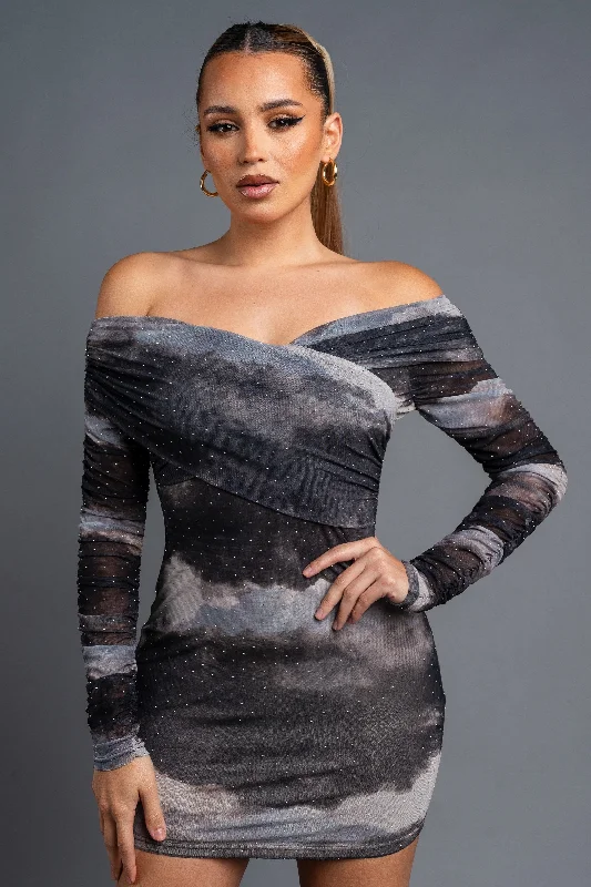 Cloud Print Off Shoulder Mesh Mini Dress Elegant Mini Dress with Ruffles
