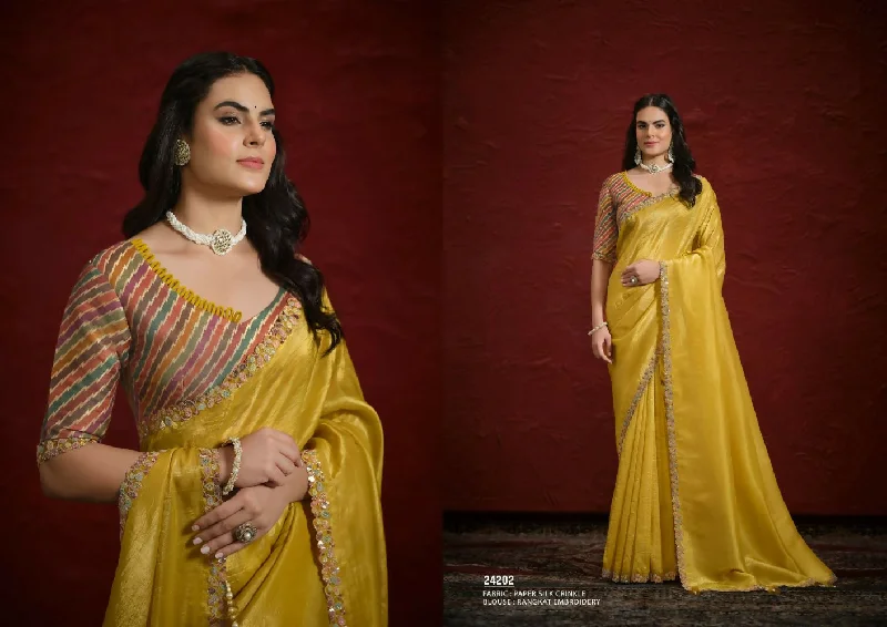 Mustard Crush Paper Silk Sequence with Handwork Saree with Stitched Blouse - Mohmanthan Aaina Pastel Color Blouse Mustard Crush Paper Silk Sequence with Handwork Saree with Stitched Blouse - Mohmanthan Aaina Pastel Color Blouse