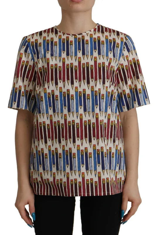 Dolce & Gabbana Chic White Pencil Print Short Sleeve Women's Blouse Everyday Stylish Blouse Dolce & Gabbana Chic White Pencil Print Short Sleeve Women's Blouse Everyday Stylish Blouse