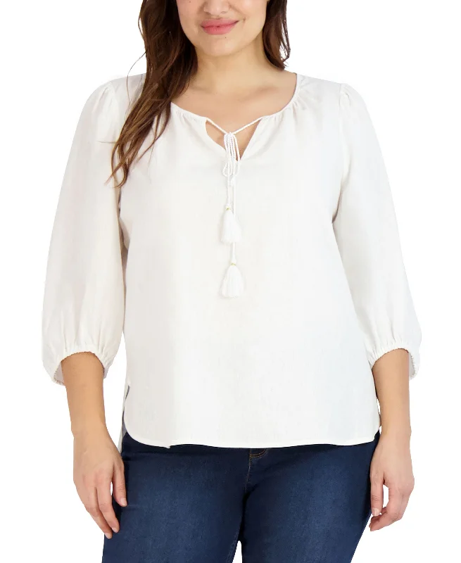 Jones New York Plus Size Linen Tie Neck Tassel 3/4 Sleeve Blouse Vintage Lace Blouse