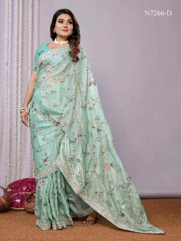 Blue Satin Silk Embroidered Saree With Stitched Blouse - Nimaya Kaksha Loose Fit Blouse Blue Satin Silk Embroidered Saree With Stitched Blouse - Nimaya Kaksha Loose Fit Blouse