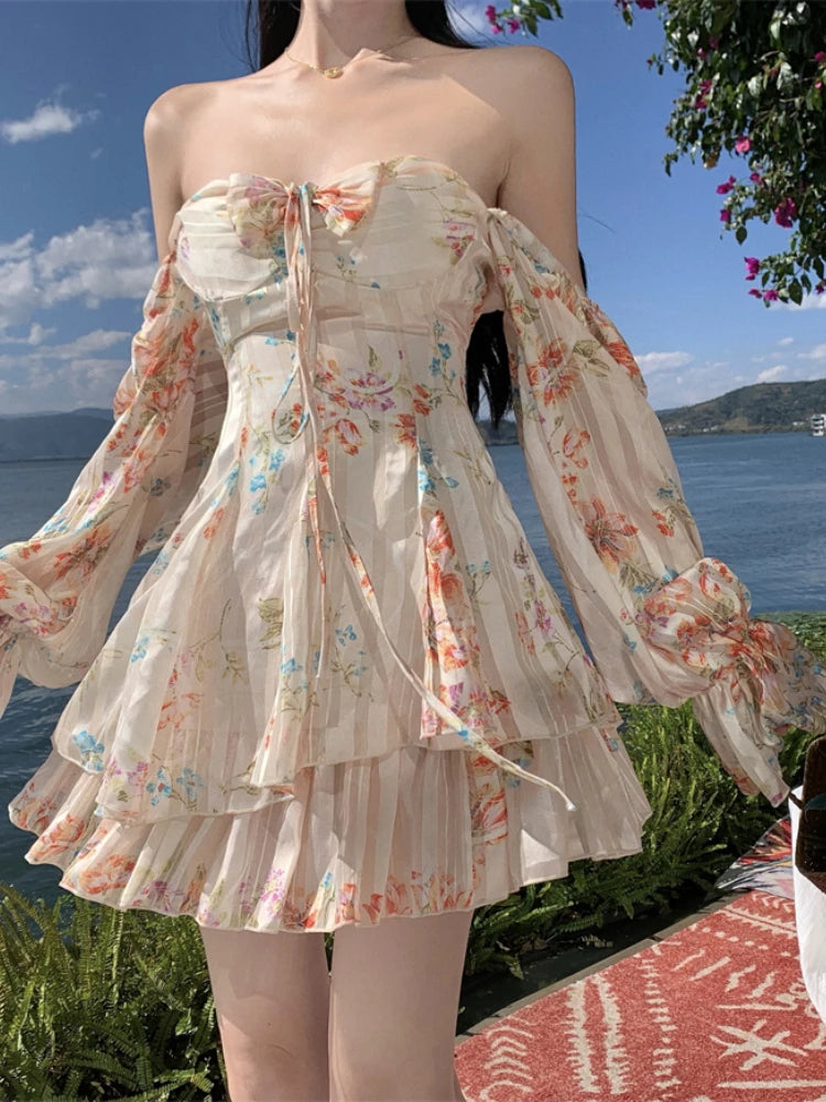 TAVIMART - Holiday Style Summer Dress Fairy Printedoff Shoulder Long Sleeved Chiffon Dress Women Beach Outfit A-line Short Mini Dress Elegant Silk Mini Dress TAVIMART - Holiday Style Summer Dress Fairy Printedoff Shoulder Long Sleeved Chiffon Dress Women Beach Outfit A-line Short Mini Dress Elegant Silk Mini Dress