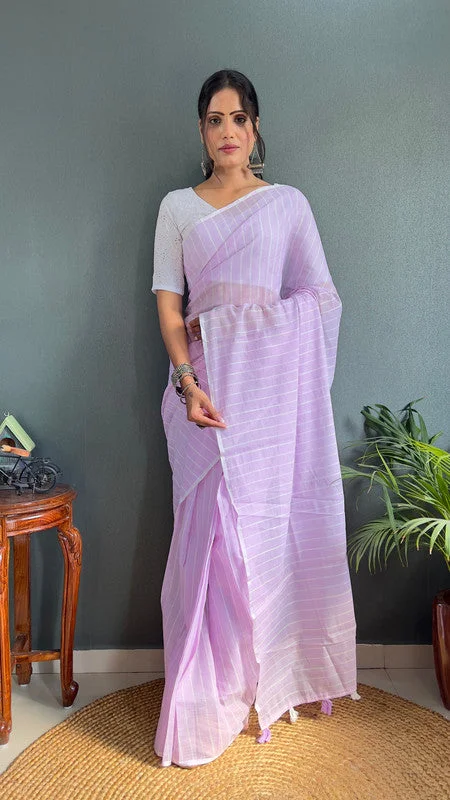 Malishka Export Cotton Striped Ready To Wear Saree With Blouse Piece - Lavender Frilled Cuff Blouse Malishka Export Cotton Striped Ready To Wear Saree With Blouse Piece - Lavender Frilled Cuff Blouse
