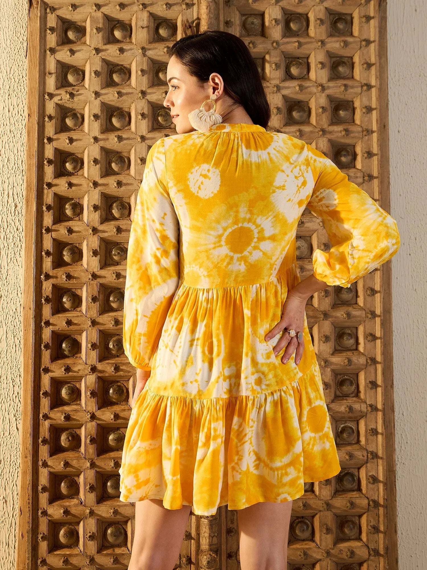Balloon Sleeve Layered Mini Dress in Yellow Tie & Dye-TP0477TD6 Stylish Ruffle Mini Dress Balloon Sleeve Layered Mini Dress in Yellow Tie & Dye-TP0477TD6 Stylish Ruffle Mini Dress
