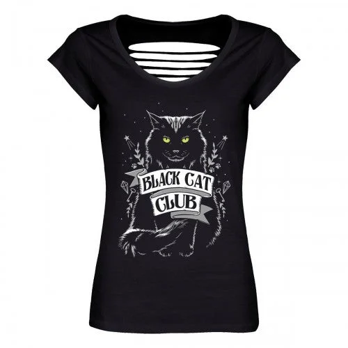 Grindstore Womens/Ladies Black Cat Club T-Shirt-- Thin T-Shirt Open Front Quick Dry