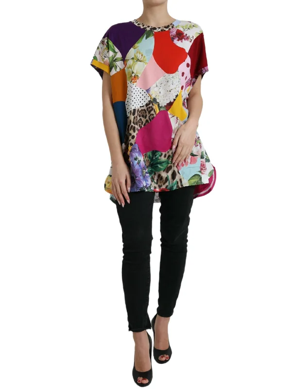 Dolce & Gabbana Multicolor Cotton Silk Patchwork Women's Blouse Drape Neck Blouse