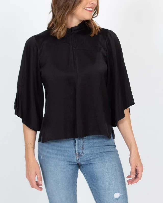 Heavy Silk Blouse in "Nero" Ruffled Neck Blouse