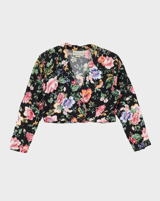 1990s Black Floral Cropped Blouse - M Silky Draped Blouse