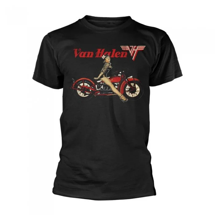 Van Halen Unisex Adult Pinup Motorcycle T-Shirt-- Solid Print Embellished