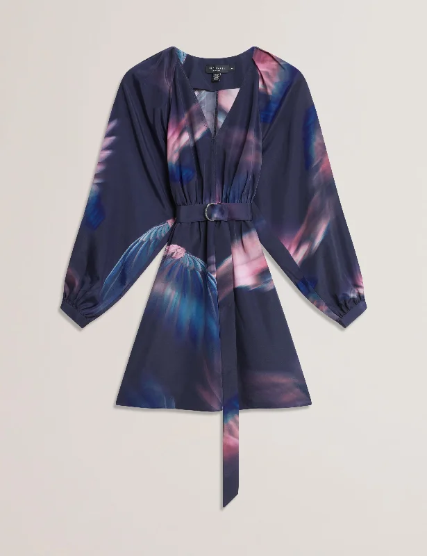 Alte Printed Belted Mini Dress Navy Cozy Sweater Mini Dress