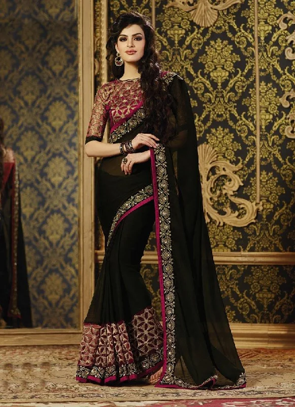 Vibrant Pink And Black Georgette Net Saree With Blouse Elegant Peplum Blouse