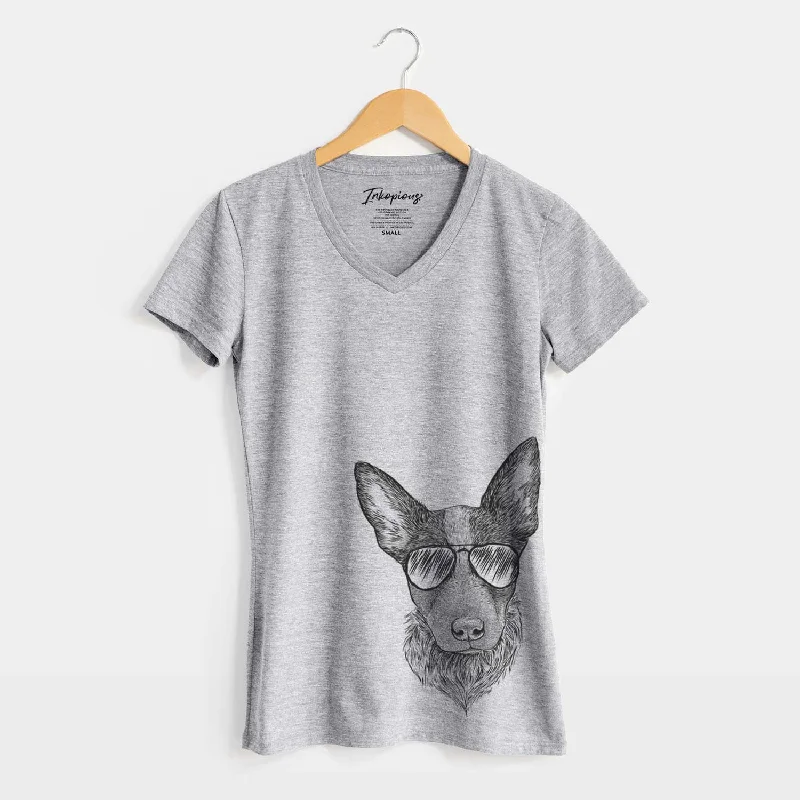 Aviator Bella the Blue Heeler Puppy - Women's V-neck Shirt-- Rayon Velvet Corduroy