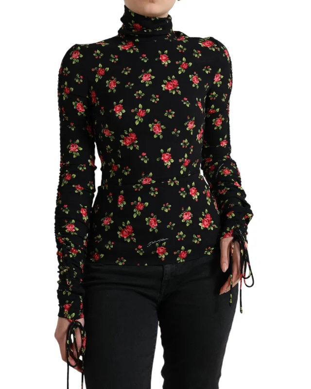 Dolce & Gabbana Floral Print Turtle Neck Blouse Top Chic Wrap Blouse
