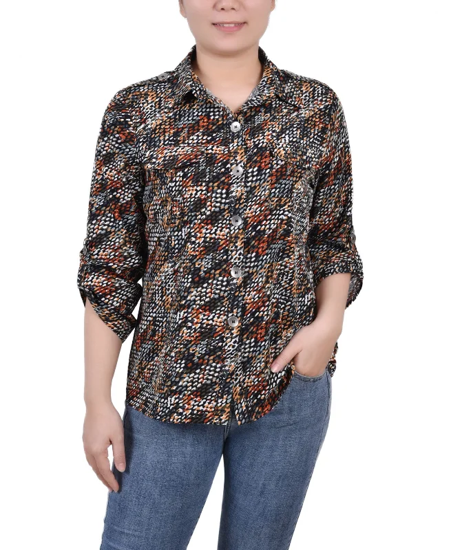 NY Collection Petite 3/4 Sleeve Roll Tab Blouse Casual Button Blouse