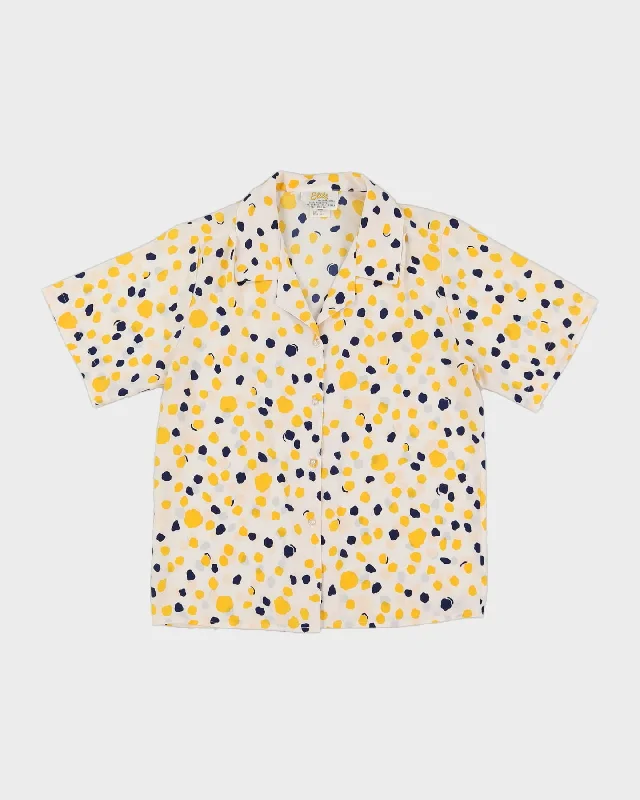 Vintage 1990s Yellow And Blue Patterned Blouse - S Feminine Tie Blouse