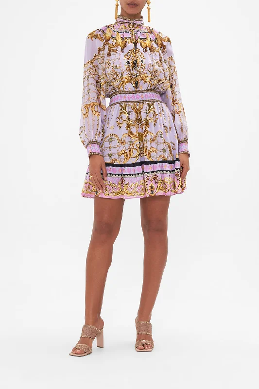 SHIRRED WAIST HIGH NECK MINI DRESS LAVENDER EVER AFTER Trendy Cut-Out Mini Dress