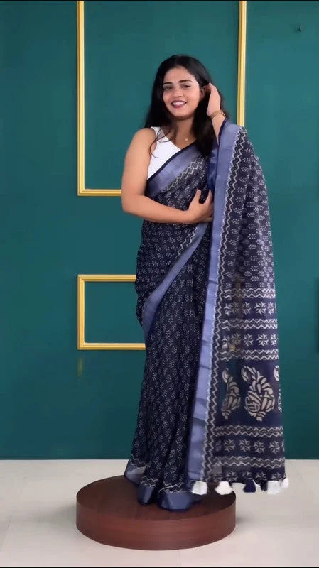 Malishka Export Cotton Silk Printed Ready To Wear Saree With Blouse Piece - Navy Soft Knit Blouse Malishka Export Cotton Silk Printed Ready To Wear Saree With Blouse Piece - Navy Soft Knit Blouse