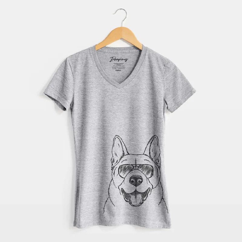 Aviator Baku the Akita - Women's V-neck Shirt-- Cotton Fabric Linen Fabric Terry Fabric Aviator Baku the Akita - Women's V-neck Shirt-- Cotton Fabric Linen Fabric Terry Fabric