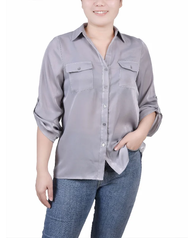 NY Collection Petite 3/4 Sleeve Satin Blouse Chic Wrap Blouse