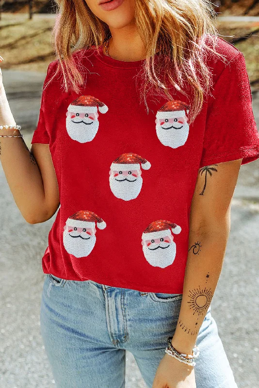 Red Sequin Christmas Claus Pattern Crewneck T Shirt-- Polka Dot Checkered Tartan