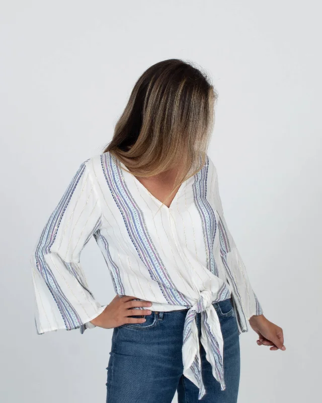 Long Sleeve Metallic Thread Striped Blouse Sheer Mesh Blouse