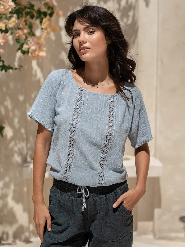Daisy Organic Cotton Blouse Slate Blue Casual Stripe Blouse