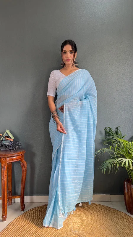 Malishka Export Cotton Striped Ready To Wear Saree With Blouse Piece - Sky Blue Silky Draped Blouse Malishka Export Cotton Striped Ready To Wear Saree With Blouse Piece - Sky Blue Silky Draped Blouse