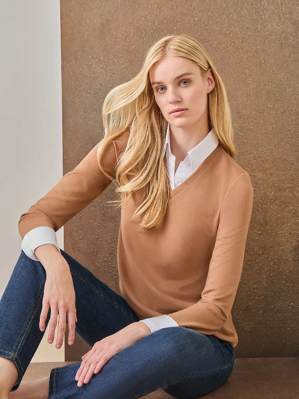 Collared Shirt V-Neck Two-Fer Top-- Mesh Fabric Canvas Fabric Denim Fabric