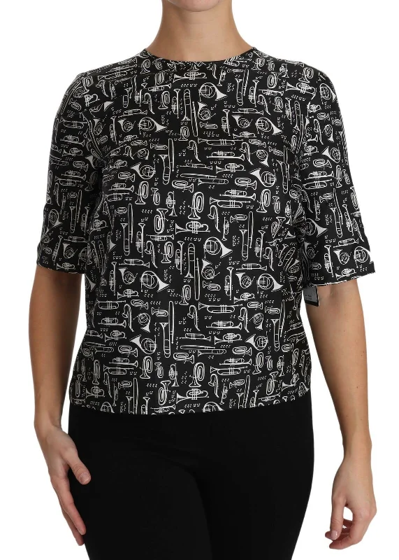 Dolce & Gabbana Exquisite Trumpet Print Silk Women's Blouse Short Sleeve Blouse