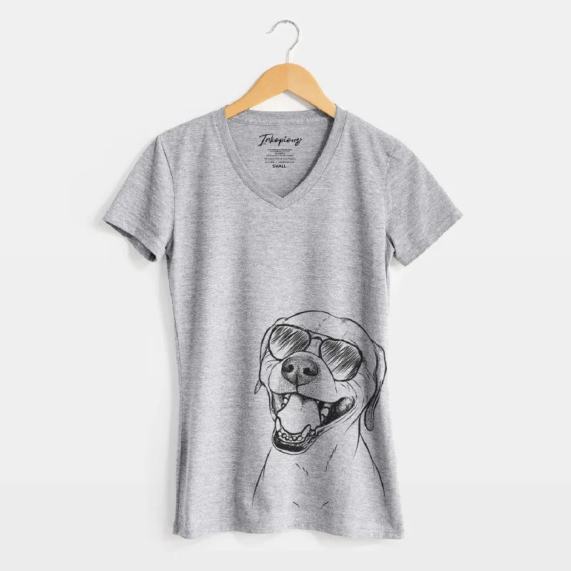 Aviator Beemer the Boxer Pitbull Terrier Mix - Women's V-neck Shirt-- Handmade Hand-knitted Hand-woven Aviator Beemer the Boxer Pitbull Terrier Mix - Women's V-neck Shirt-- Handmade Hand-knitted Hand-woven