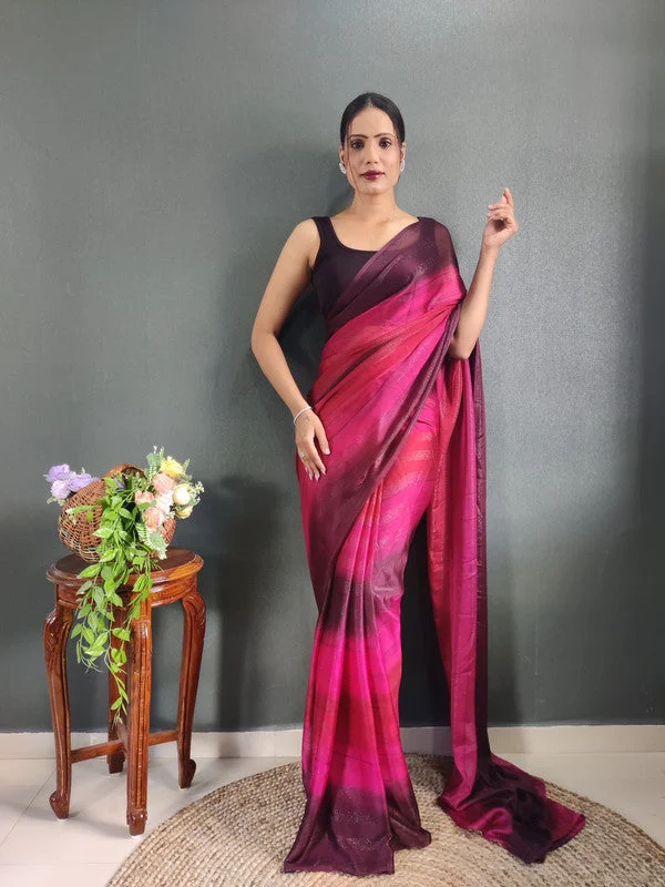Malishka Export Georgette Silk Printed Ready To Wear Saree With Blouse Piece - Pink Off-Shoulder Wrap Blouse Malishka Export Georgette Silk Printed Ready To Wear Saree With Blouse Piece - Pink Off-Shoulder Wrap Blouse