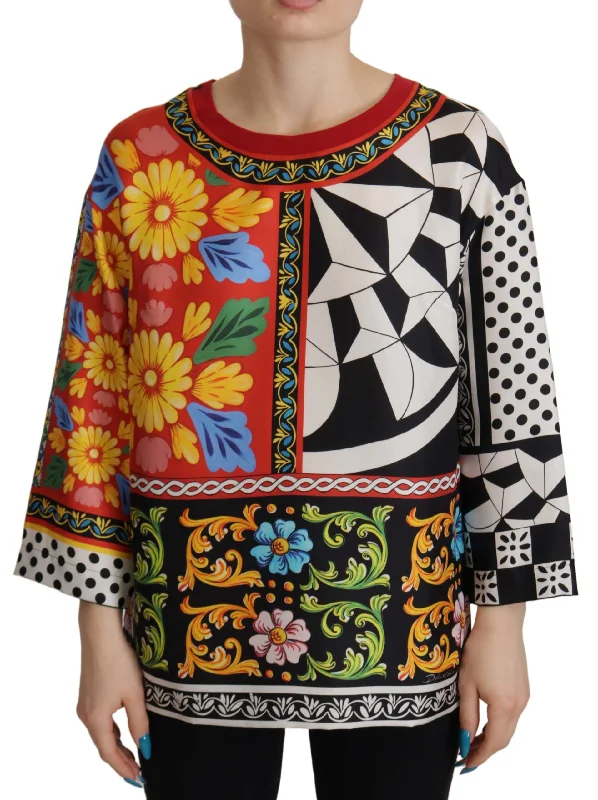 Dolce & Gabbana Silk Baroque Floral Round Neck Women's Blouse Airy Cotton Blouse