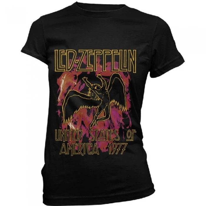 Led Zeppelin Womens/Ladies Flames T-Shirt-- Graphic Embroidered Appliqued