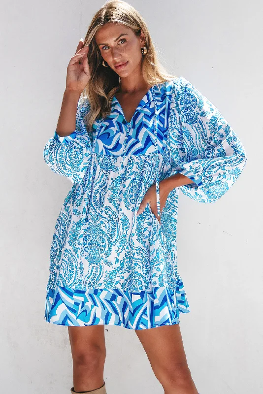Sky Blue Bohemian Print Puff Sleeve V Neck Flared Mini Dress Fashionable Button-Front Mini Dress