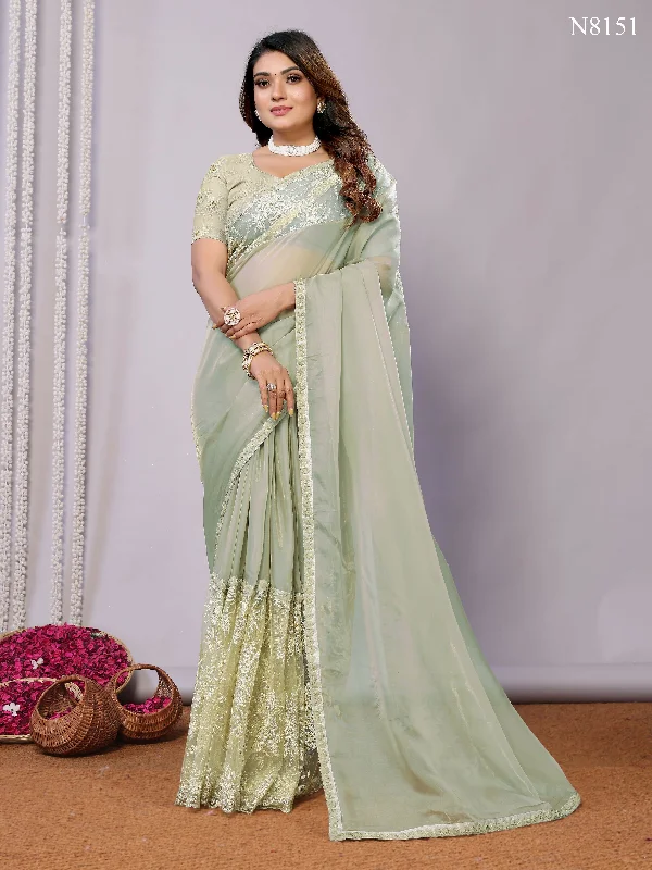 Green Glass Tissue, Net Embroidered Saree With Stitched Blouse - Nimaya Kaksha Cotton Casual Blouse Green Glass Tissue, Net Embroidered Saree With Stitched Blouse - Nimaya Kaksha Cotton Casual Blouse
