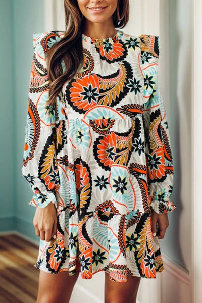 Ruffled Printed Flounce Sleeve Mini Dress Trendy Button-Detail Mini Dress