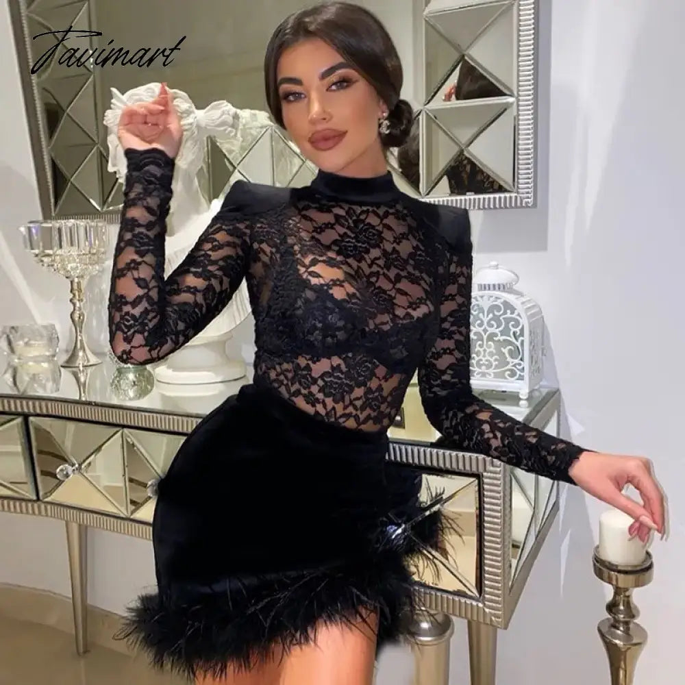 Tavimart Sexy Lace See Through Dress with Feathers, Black Lace Bodycon, Slim Sheath, Long Sleeve, Mini Dresses, Night Club Party Outfit, Chic Bohemian Mini Dress Tavimart Sexy Lace See Through Dress with Feathers, Black Lace Bodycon, Slim Sheath, Long Sleeve, Mini Dresses, Night Club Party Outfit, Chic Bohemian Mini Dress