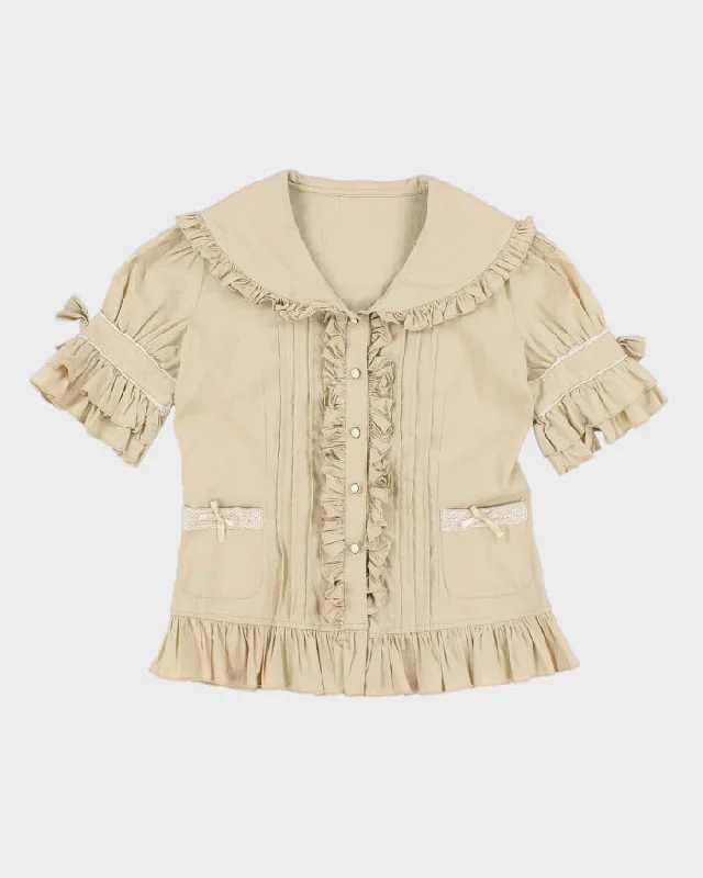 Vintage 90s Darling Beige Ruffled Blouse - S Side Tie Blouse