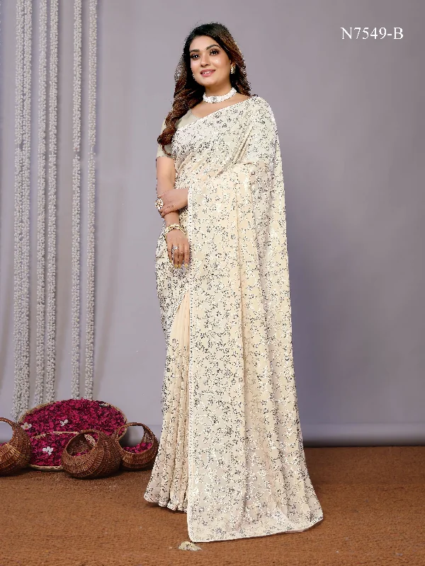 White Pure Georgette Embroidered Saree With Stitched Blouse - Nimaya Kaksha Drape Neck Blouse White Pure Georgette Embroidered Saree With Stitched Blouse - Nimaya Kaksha Drape Neck Blouse