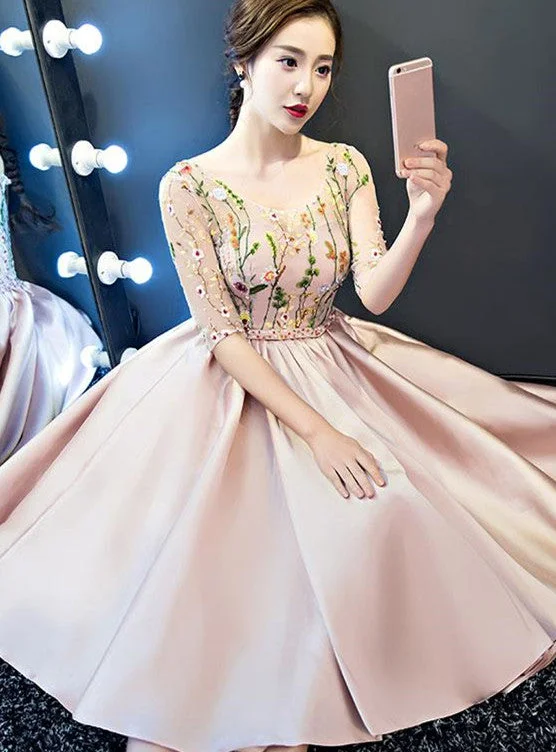 Pink Lace and Satin Lovely Short Party Dress Prom Dress, Pink Homecoming Dresses Crew Neckline Sporty Pink Lace and Satin Lovely Short Party Dress Prom Dress, Pink Homecoming Dresses Crew Neckline Sporty