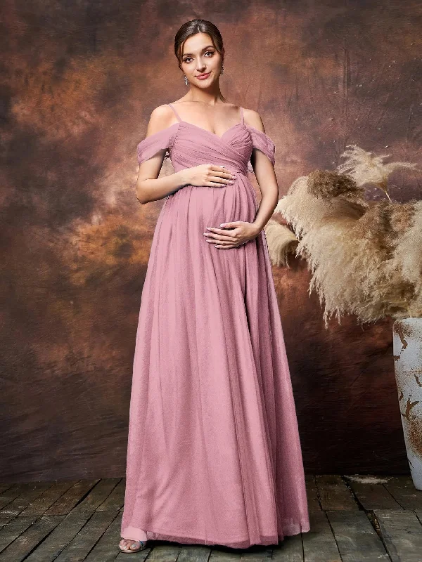 Maternity Cold Shoulder Ruched Bust Tulle Cami Party Dress Tunics Wedding white