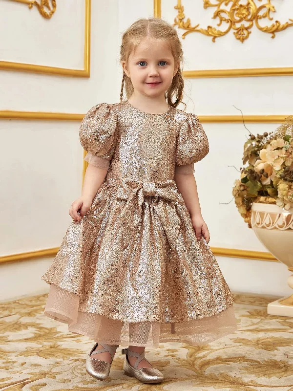 Young Girls' Cute Bow Front Puff Sleeve Sequin Party Dress Satin Halter Glamorous