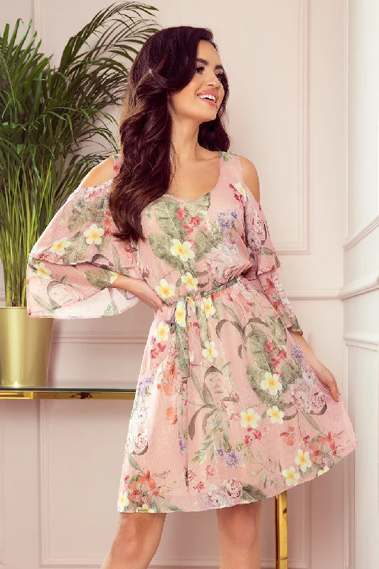 Flimsy dress with a neckline - pink with flowers Casual Short Summer