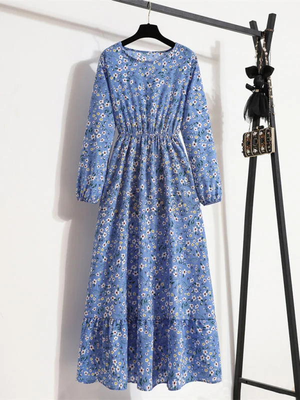 Long sleeve round neck waist slimming floral chiffon long dress Tunics Fleece cozy