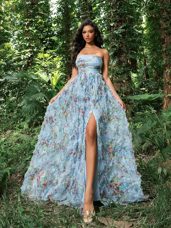 Floral Printed Mesh Overlay Tube Party Dress Tunics Wedding white
