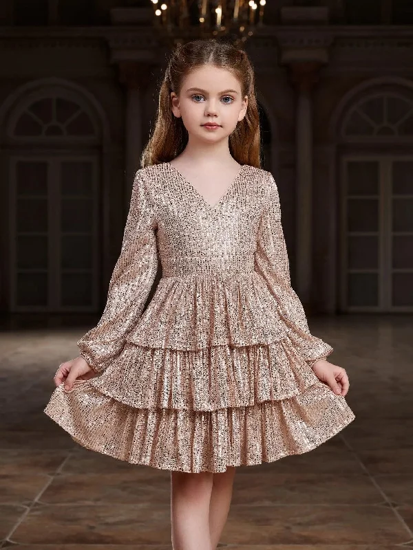 Tween Girls' Backless V Neck Layered Hem Sequin Party Dress Tunics Stylish elegant