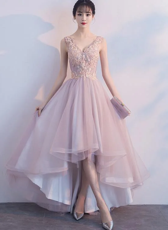 Pink V-neckline High Low Fashionable Party Dress, Pink Prom Dress Tunics Versatile stylish Pink V-neckline High Low Fashionable Party Dress, Pink Prom Dress Tunics Versatile stylish